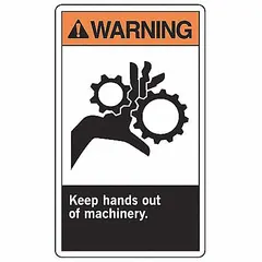 This 5-pack of adhesive vinyl signs warns personnel to keep hands away from machinery. Each sign measures 5 in x 3 1/2 in nominal size, 0.02 in thick, and is not retroreflective or glow-in-the-dark. Suitable for application on machines, panels, or walls near moving equipment, conveyors, or presses.
