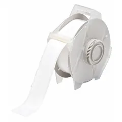 Brady continuous label roll 76699 is a 1 1/8 in x 100 ft white gloss vinyl label for outdoor use. It features a removable and repositionable adhesive and is compatible with the GlobalMark printer series. Suitable for industrial labeling applications such as asset identification, safety signage, and pipe marking where repositioning is required.