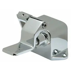 Brass foot pedal valve assembly with polished chrome finish. Features a 1/2 in IPS connection and overall width of 6 1/8 in. Used for hands-free operation of faucets in commercial or industrial settings.