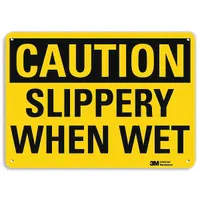 Non-retroreflective plastic sign with mounting holes for permanent installation. Measures 10 x 14 in nominal size, 0.055 in thick. Used to warn of slippery floor conditions in areas where wet floors may occur