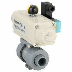 This pneumatically-actuated ball valve is constructed of CPVC with a True-Union Socket/True-Union NPT female connection on both sides. The Air to Spring actuator from the PSS series includes a position indicator and an ISO 5211 mounting pad. Designed for on/off flow control of water in industrial piping systems, it complies with NSF/ANSI 372.