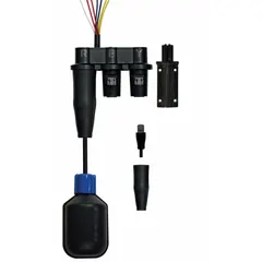 This float switch connection system features a narrow-angle design for precise level detection in pump-down applications. It is rated 125V AC, 1 A, with a normally open (pump down) configuration and 2-wire electrical connection. A pipe clamp is required for mounting. Suitable for liquid level control in tanks and basins.