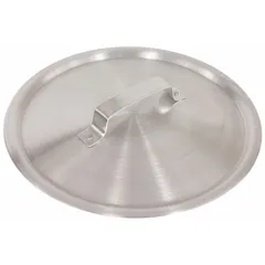 Aluminum cover for 10 qt sauce pots, featuring a riveted aluminum handle. NSF Certified for food-contact surfaces. Used in commercial kitchens to retain heat, reduce cooking time, and prevent splatter.
