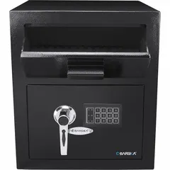 This steel depository safe features a digital combination lock and a drawer-style deposit slot for secure drop-off of cash or documents without opening the main compartment. With 1.1 cu ft capacity and tamper-resistant construction, it is suited for retail, hospitality, or office environments requiring controlled access storage. Not fire rated.