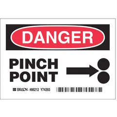 Polyester adhesive signs, 0.01 in thick, nominal size 3 1/2 in x 5 in, sold in packs of 5. Not retroreflective, not glow-in-the-dark. Used to warn of pinch point hazards on machinery, panels, or equipment in industrial settings.