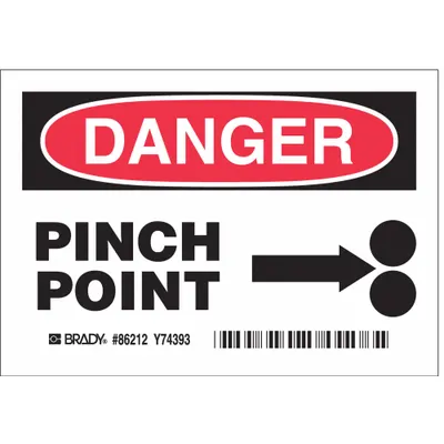 BRADY Label: Polyester, Adhesive Sign Mounting, 3 1/2 in x 5 in Nominal Sign Size - Danger: Pinch Point Signs
