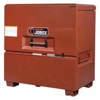 This 39.1 cu ft jobsite box provides secure storage for tools and equipment on construction or industrial sites. It features a piano-hinge lid and a padlock-ready hasp (lock not included). The brown finish and heavy-duty construction offer protection against theft and weather. Dimensions: 31 in W x 47 7/8 in D x 51 in H