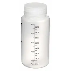 This 500 mL (16.9 fl oz) polypropylene wide mouth round lab bottle is colorless and graduated for volume measurement. It includes a closure with an unlined cap. Designed for general liquid storage and dispensing in laboratory and industrial environments.