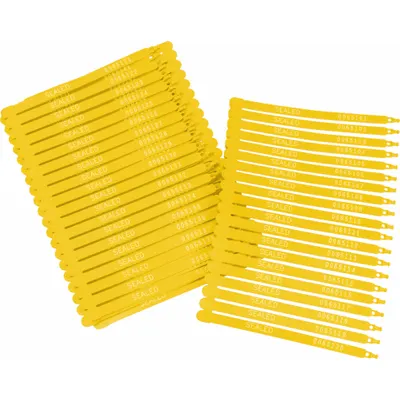 BRADY Strap Seals: Yellow, Plastic, 7 1/2 in Strap Lg, 1/4 in Strap Wd, 45 lb Breaking Strength - Plastic Strap Seals