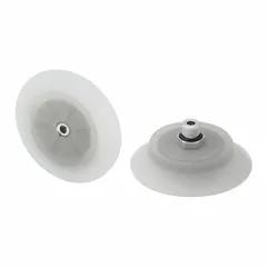 This flat vacuum pad assembly is designed for fast-handling applications in food processing and packaging. It features a G1/4 in vacuum port and a 98.1 mm pad diameter. The pad is made of food grade silicone rubber with a hardness of 55 A, suitable for lifting smooth or slightly curved surfaces in hygienic environments.