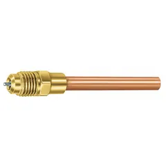 Copper tube extension for access valves, 7 in overall height, 1/8 in outer diameter. Includes valve core. Used to extend access valves on refrigeration and HVAC systems for service port access in confined spaces.