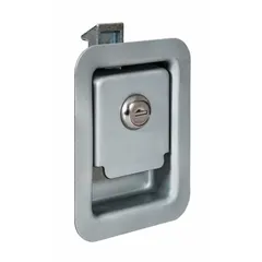 This steel paddle latch is designed for use on truck boxes. It features a silver finish and includes keys. The overall height is 4-3/4 inches. Suitable for securing storage compartments on vehicles.