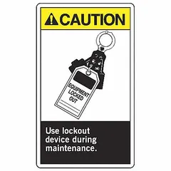 Vinyl caution signs with adhesive mounting, each measuring 5 in x 3 1/2 in nominal size and 0.02 in thick. The signs read 'Use Lockout Device During Maintenance' and are supplied in a pack of 5. They are not retroreflective and do not glow in the dark. Typically used to warn personnel to apply lockout devices before maintenance to prevent accidental equipment startup.