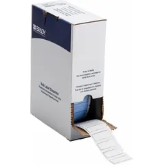 White matte polyolefin precut sleeve label roll for wire and cable identification. Each label measures 1 3/4 in x 21/32 in and fits 4 AWG to 8 AWG wire gauge. Compatible with BMP71 printer series for on-demand printing in electrical panels, machinery, and control systems.