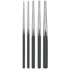 This 5-piece aligning punch set includes tip sizes 1/8 in, 3/16 in, 7/32 in, 1/4 in, and 5/16 in. Used for aligning holes in metal components during assembly or repair in automotive, fabrication, and general maintenance tasks.