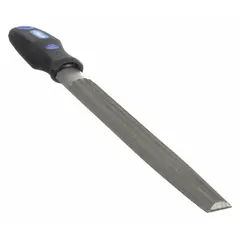 Double-cut half-round file with bastard cut for aggressive material removal and safe edge to protect adjacent surfaces. Tapers toward the point for access to confined areas. Natural finish. Suitable for shaping and deburring metal, wood, and plastic in general machining and fabrication tasks.
