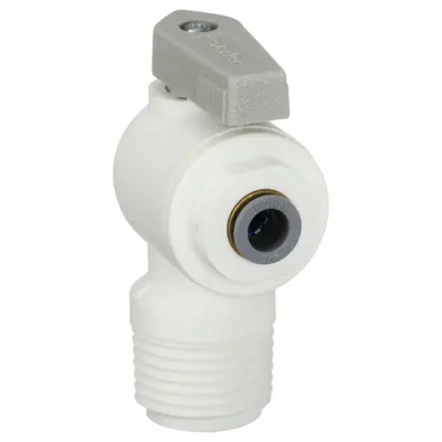LIQUIFIT Manual Two-Way Ball Valve: 1/4 in, Polypropylene, Angle, Push x MNPT - NSF 51 Compliant Polypropylene Ball Valves