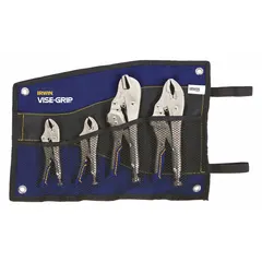 This set of curved locking pliers provides four sizes with maximum jaw openings of 2 in, 1 1/2 in, 1 1/8 in, and 1 7/8 in. The knurled grip enhances handling and control. Commonly used for clamping, gripping, and holding workpieces in metalworking, fabrication, and maintenance tasks.