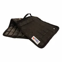 This magnetic tool mat is constructed from black synthetic leather and measures 19 1/2 inches in length by 8 7/8 inches in width. It provides a flexible, non-slip surface for organizing ferrous metal tools, fasteners, and parts on workbenches or in toolboxes. Suitable for maintenance, assembly, and repair tasks