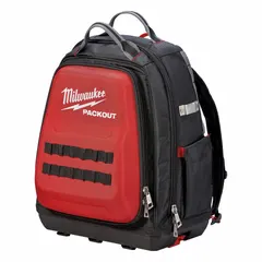 This PACKOUT tool backpack is constructed from ballistic nylon in black/red. It measures 15 inches wide, 10 5/16 inches deep, and 19 inches high. Features include a tape measure clip and a sternum strap for hands-free transport. Suitable for carrying and organizing tools on job sites.