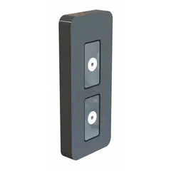Retractable belt barrier end with magnetic attachment for temporary crowd control and safety demarcation. Features a black finish, 3 1/2 in overall height, PLUS Banner Head, and plastic connector. Magnetic end allows quick, tool-free setup on ferrous surfaces.