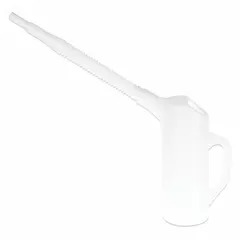 Translucent measuring container with flexible pour spout, 16 oz fluid capacity, 3 in overall diameter, and 4 in overall height. Used for precise measurement and transfer of fluids in industrial maintenance, chemical mixing, and lubrication tasks. The translucent body allows visual level checking, and the flexible spout enables controlled pouring into tight or angled fill ports.