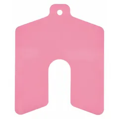 Untabbed slotted shim made of pink vinyl, 0.015" thick, 2 in by 2 in, Trade Size A. Pack of 20. Width and length tolerance ±0.030 in, thickness tolerance ±0.001 in. Used for alignment and spacing in machinery assembly and maintenance.