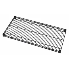 Steel wire shelf with epoxy-coated black finish, rated for dry environments. Quick-adjust design supports up to 600 lb. Suitable for wet and dry use in commercial kitchens, warehouses, and storage areas.
