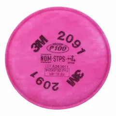 NIOSH P100-rated particulate filter for use with 3M 5000, 6000, 7000, and FF-400 Series reusable respirators. Features a bayonet connection and magenta color coding. Sold in packs of two. Suitable for protection against solid and liquid particulates including dusts, mists, and fumes.
