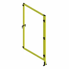 This unassembled door add-on kit is designed for T-slot framing systems. It includes a solid polycarbonate panel with a clear color and a yellow powder-coated finish. The left-swing door measures 72 inches high by 37 1/2 inches wide by 5 1/2 inches deep. Typical applications include machine guarding, workstations, and safety barriers requiring visibility and personnel access.