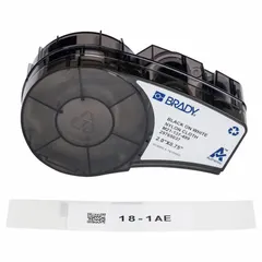 Combined label and ribbon cartridge for M210 printer series. Contains 73 acrylic labels, 3/4 in x 2 in, with permanent adhesive. Halogen-free material. Suitable for asset identification, cable marking, and general-purpose labeling in industrial environments.