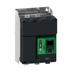 Three-phase soft start with bypass for induction motors, rated 590 A output current, 208-690V AC, 60/50 Hz. Control voltage 110-230V AC. IP00 enclosure. Used to reduce inrush current and mechanical stress during motor acceleration and deceleration in applications such as pumps, conveyors, and compressors.