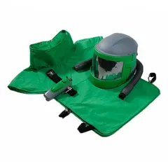 Intrinsically safe supplied-air respirator system for abrasive blasting. Includes breathing tube, RPB Nova 3 C40 Climate Control Device, and XL Nylon Cape. Provides respiratory protection and heat stress management in particulate-laden environments.
