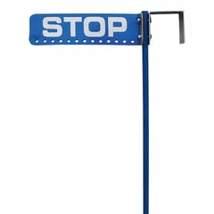 Double-sided stop sign with supports, constructed of aluminum with High Intensity Prismatic (HIP) retroreflective grade. Features mounting holes for secure attachment to posts or structures. Suitable for traffic control and safety signage in industrial areas such as rail yards, construction zones, and plant facilities.