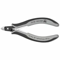 Flush-cut pliers with oval jaws for precision cutting of fine wires and component leads. ESD-safe construction dissipates static electricity for use in sensitive electronic environments. Overall length 4 3/4 in, jaw length 1/4 in.