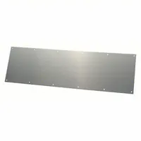 This TRIMCO kick plate is fabricated from stainless steel, measuring 34 inches wide by 10 inches high. It is designed to protect door surfaces from scuffs, scratches, and impacts in high-traffic commercial or industrial settings. The plate mounts at the bottom of a door to extend door life and reduce maintenance costs