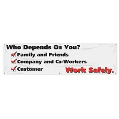 Indoor/outdoor banner made of poly sheeting with one printed side. Nominal sign size 28 in x 96 in. No wind slits. Used to promote workplace safety awareness in industrial facilities.