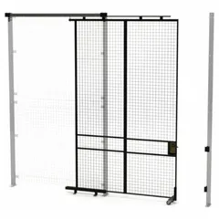 This woven-wire partition component is designed for quick assembly and slide-door operation. It is constructed from powder-coated steel in black, measuring 10 ft high by 6 ft wide by 1 3/4 in deep. Commonly used to create secure enclosures or access points in industrial storage areas and warehouses.