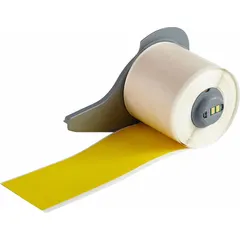 Continuous wraparound label roll for industrial identification and labeling. Made of yellow matte polyimide, 2 inches wide by 50 feet long. Requires M7-R4300 ribbon and is compatible with BMP71 printer series. Suitable for cable marking, component labeling, and asset tracking.