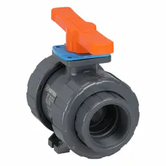 This 3-inch PVC ball valve controls flow in industrial piping systems, typically in water treatment, chemical processing, or corrosive fluid handling. The true union design allows easy removal for maintenance without disturbing pipe connections. Includes a locking tee feature for secure positioning.