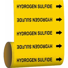 Yellow adhesive pipe marker with black legend reading 'Hydrogen Sulfide' and arrows for flow direction. Designed for pipes with outer diameter of 6 inches and smaller. Supplied on a roll containing 30 markers. Used to identify pipes carrying hydrogen sulfide in industrial piping systems.