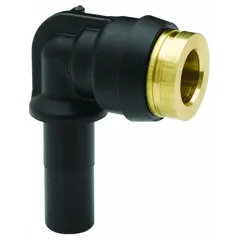 Brass and composite push-to-connect elbow fitting with 3/8 in OD tube to 1/2 in OD tube connections. Designed for pneumatic air brake systems, it provides a secure, leak-free joint without tools. Suitable for use in truck, trailer, and industrial air lines.