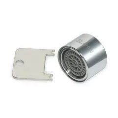 Metal laminar flow outlet with chrome finish. Female 55/64"-27 connection. Includes key for installation. Designed for commercial faucets to provide a clear, non-aerated stream at 1.5 gpm, reducing splashing and conserving water in restrooms, kitchens, and healthcare facilities.