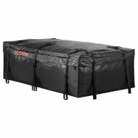This CURT cargo bag is a roof-mount carrier made of black vinyl, measuring 18 inches high, 59 inches long, and 34 inches wide. It provides weather-resistant storage for transporting gear such as luggage or camping equipment on vehicle roof racks