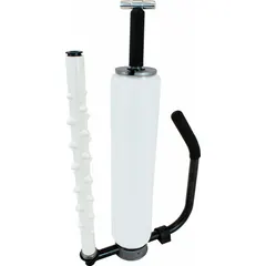 Bar handle dispenser for manual stretch film application on pallet loads. Accepts rolls from 12 to 20 inches wide with a 3-inch core. Weighs 9 lb, reducing operator fatigue during wrapping.