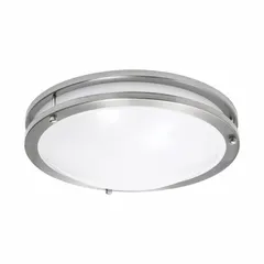 Integrated LED flush-mount light with a satin nickel finish. Provides 1200 lumens at 13 watts with selectable color temperatures of 2700K, 3000K, 3500K, 4000K, or 5000K. Suitable for general illumination in hallways, lobbies, and offices.