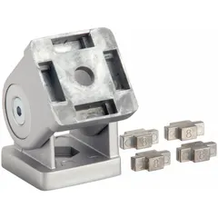 This pivot joint is designed for 40 Series T-slot profiles with an 8 mm slot width. Made of zinc with a silver finish, it features an 8.5 mm mounting hole for adjustable angular connections in structural framing systems. Typical applications include machine frames, conveyors, and automation structures.