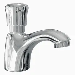Single-post metering faucet with push-button activation for timed water flow in commercial restrooms. Cast brass construction with chrome finish and spray outlet. Includes factory set run time and adjustable flow cycle.