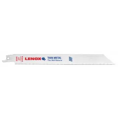Bi-metal reciprocating saw blade, 8 inches long with 0.04 inch thickness and 24 teeth per inch. Designed for rigid, straight cuts in thin metal, including sheet metal, tubing, and profiles. Suitable for ferrous and non-ferrous metals. Sold in a pack of 5.