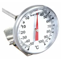 Clip-on dial thermometer for temperature monitoring in vats and pans. Features an 8-inch stem, +/-1% accuracy, and Celsius scale from -50°C to 100°C. Suitable for food processing, industrial kitchens, and laboratory baths